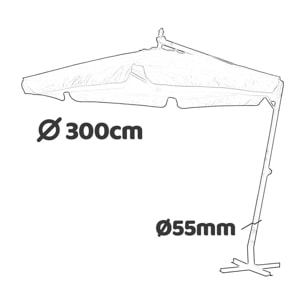 Ombrellone da giardino decentrato palo laterale in legno da 55 mm e telo esagonale in poliestere 180 gr/mq da 300x300 cm con bordura da 50 mm. Ombrellone 3x3 mt tondo con base a croce