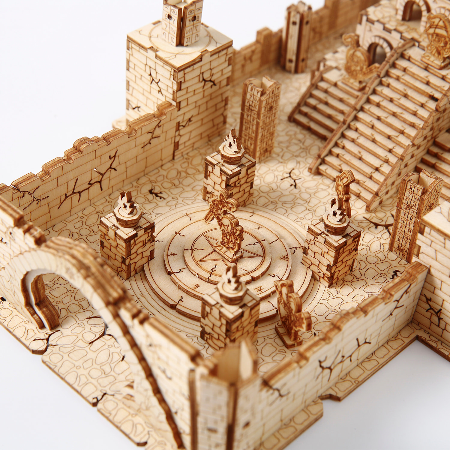 Maqueta de Madera 3D, diseño de Ruinas con movimiento mecánico. 235 piezas.