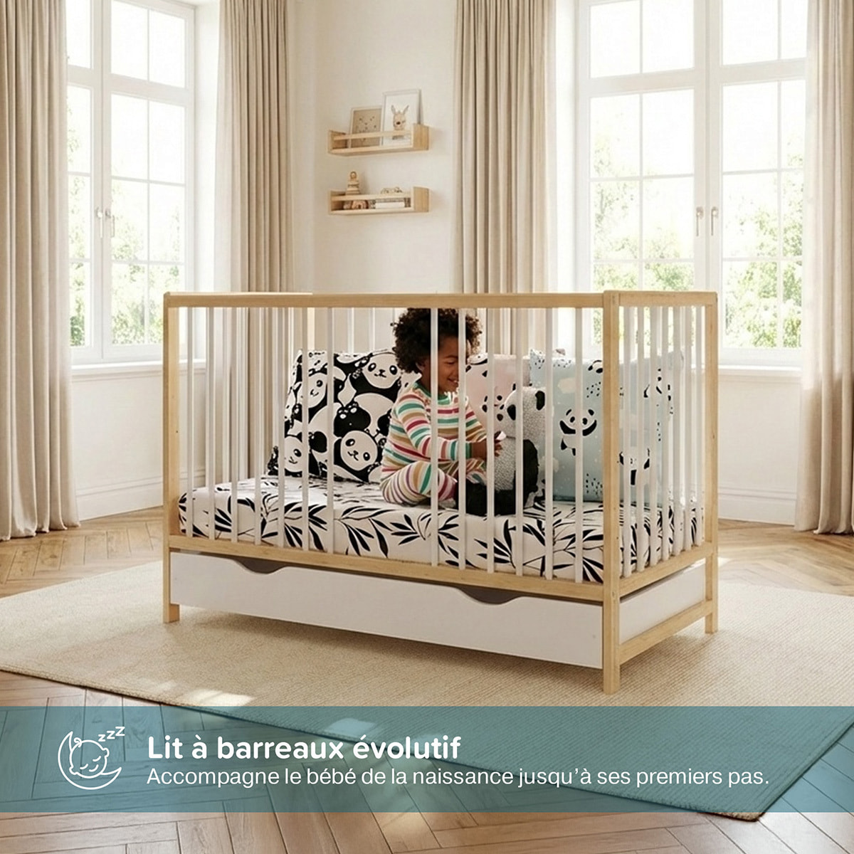 Lit Bébé Évolutif Mathis 60x120 cm, avec Tiroir de Rangement, Sommier Réglable 3 Hauteurs, Barreaux Amovibles, Couleur Bois Naturel et Blanc