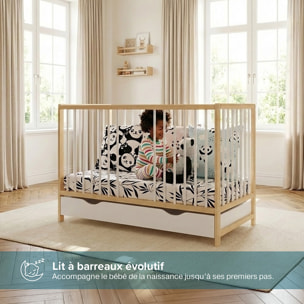 Lit Bébé Évolutif Mathis 60x120 cm, avec Tiroir de Rangement, Sommier Réglable 3 Hauteurs, Barreaux Amovibles, Couleur Bois Naturel et Blanc