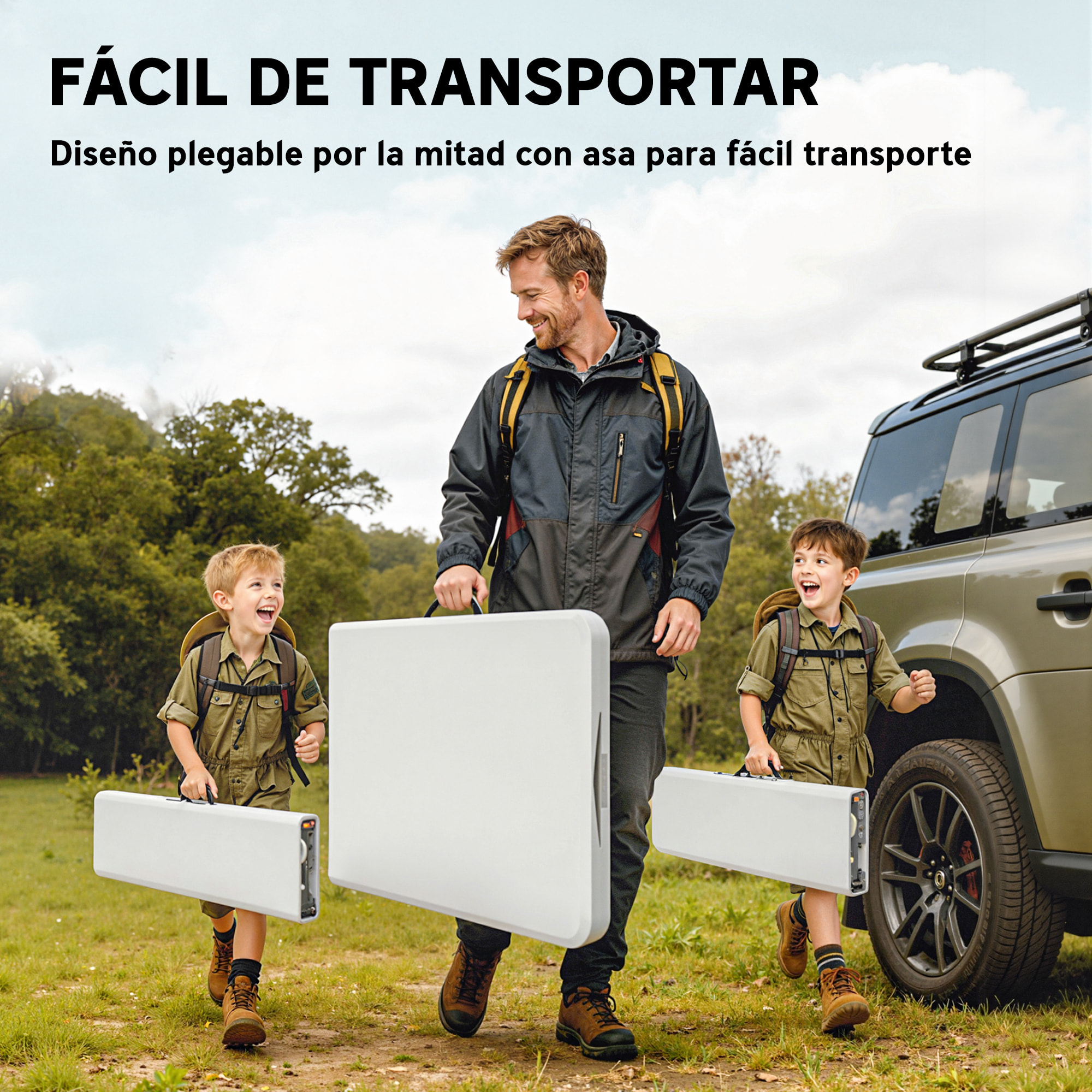 Conjunto de Camping Plegable de 3 Piezas, Mesa Plegable Camping con Bancos, Incluye 1 Mesa de Camping 180x74x74 cm y 2 Bancos, Asas, Impermeable, para Acampadas, Jardín, Pícnic, Blanco