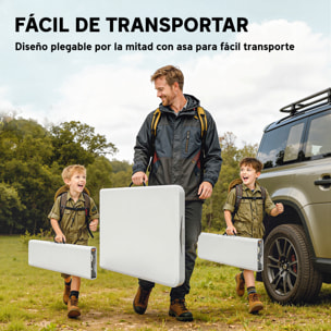 Conjunto de Camping Plegable de 3 Piezas, Mesa Plegable Camping con Bancos, Incluye 1 Mesa de Camping 180x74x74 cm y 2 Bancos, Asas, Impermeable, para Acampadas, Jardín, Pícnic, Blanco
