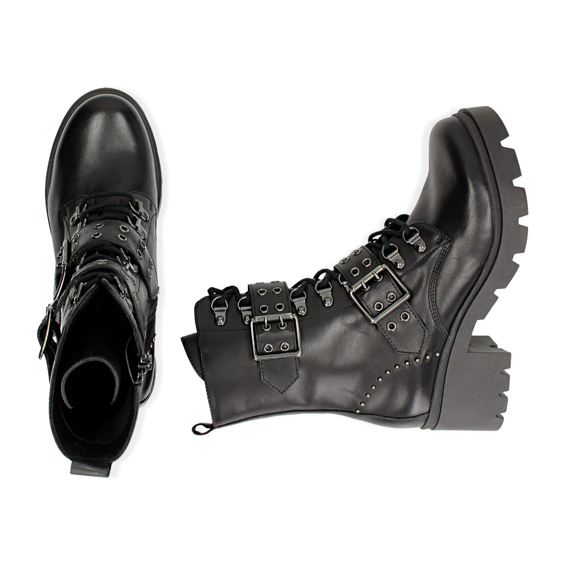 Botas de cuero negro con hebillas y tachuelas, tacón de 4,5 cm