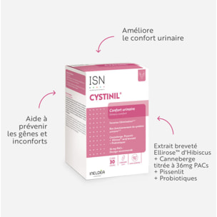 ISN - Cystinil - Complément alimentaire à base de Cranberry, Pissenlit, Probiotiques - Améliore le confort urinaire - Cure 30 jours