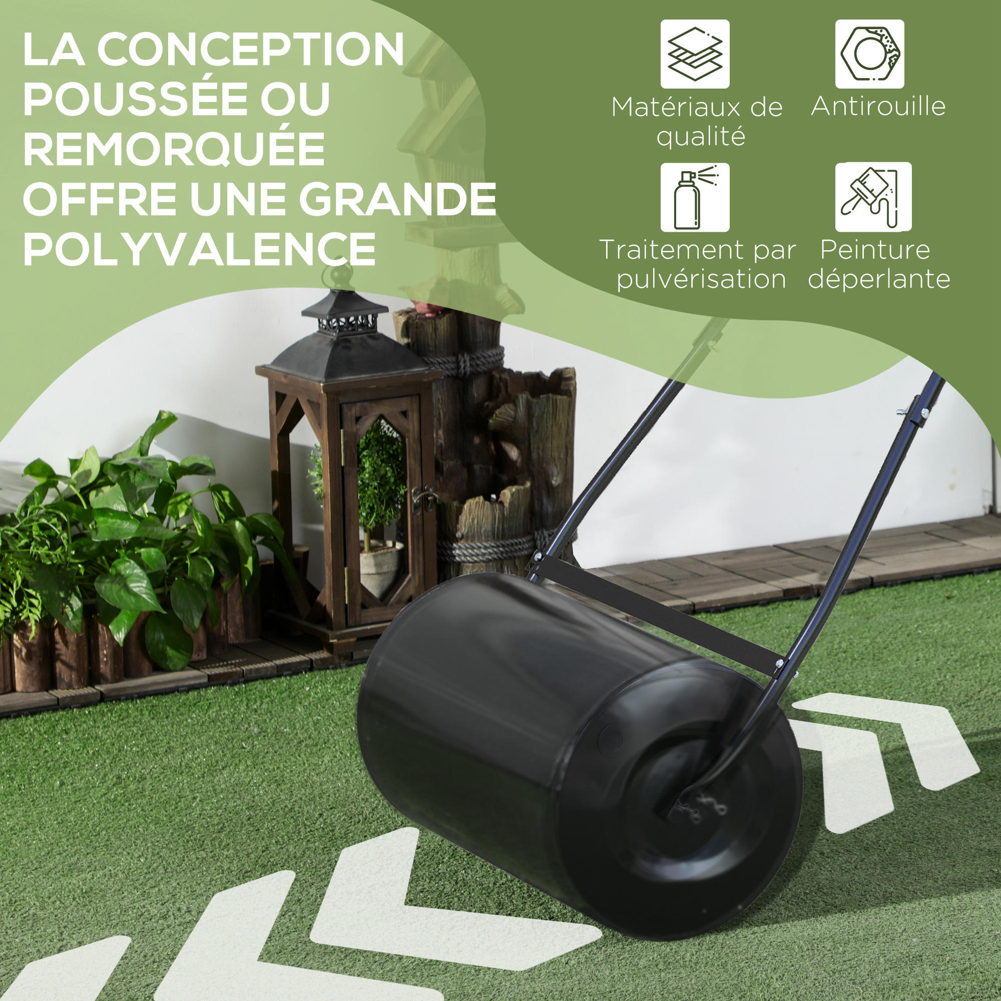 Rouleau à gazon jardin en acier avec poignée 60x32x105cm lestage max. 38L noir