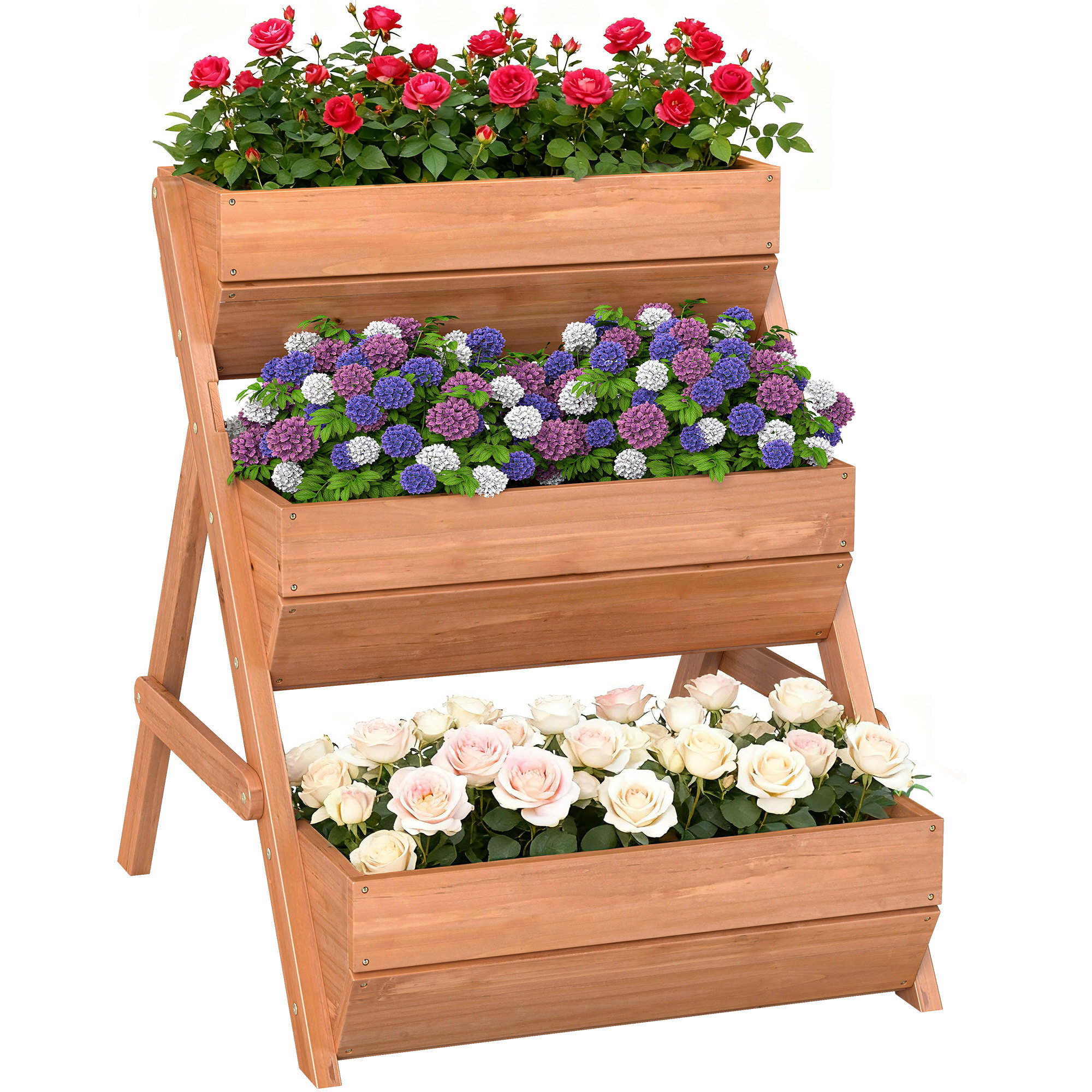 Jardinera de Madera de 3 Niveles, Jardinera Elevada Exterior con Orificios de Drenaje, Macetero para Cultivos de Plantas, Flores, para Terraza, Jardín, 65x75x76 cm, Marrón