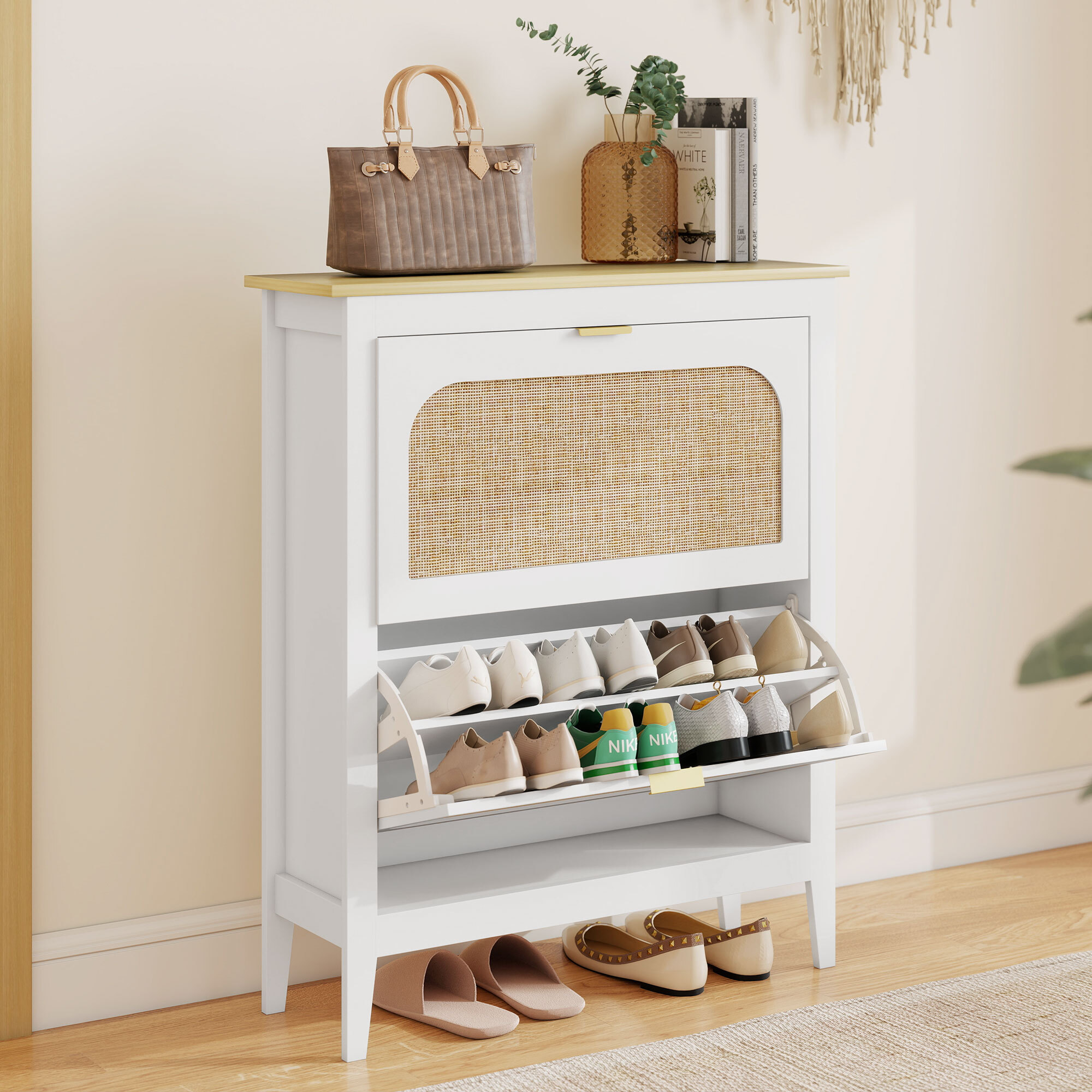 Zapatero Estrecho con 2 Puertas de Ratán Zapatero Entrada Recibidor con Estantes Ajustables para 14 Pares de Zapatos 80x24x95,5 cm Blanco