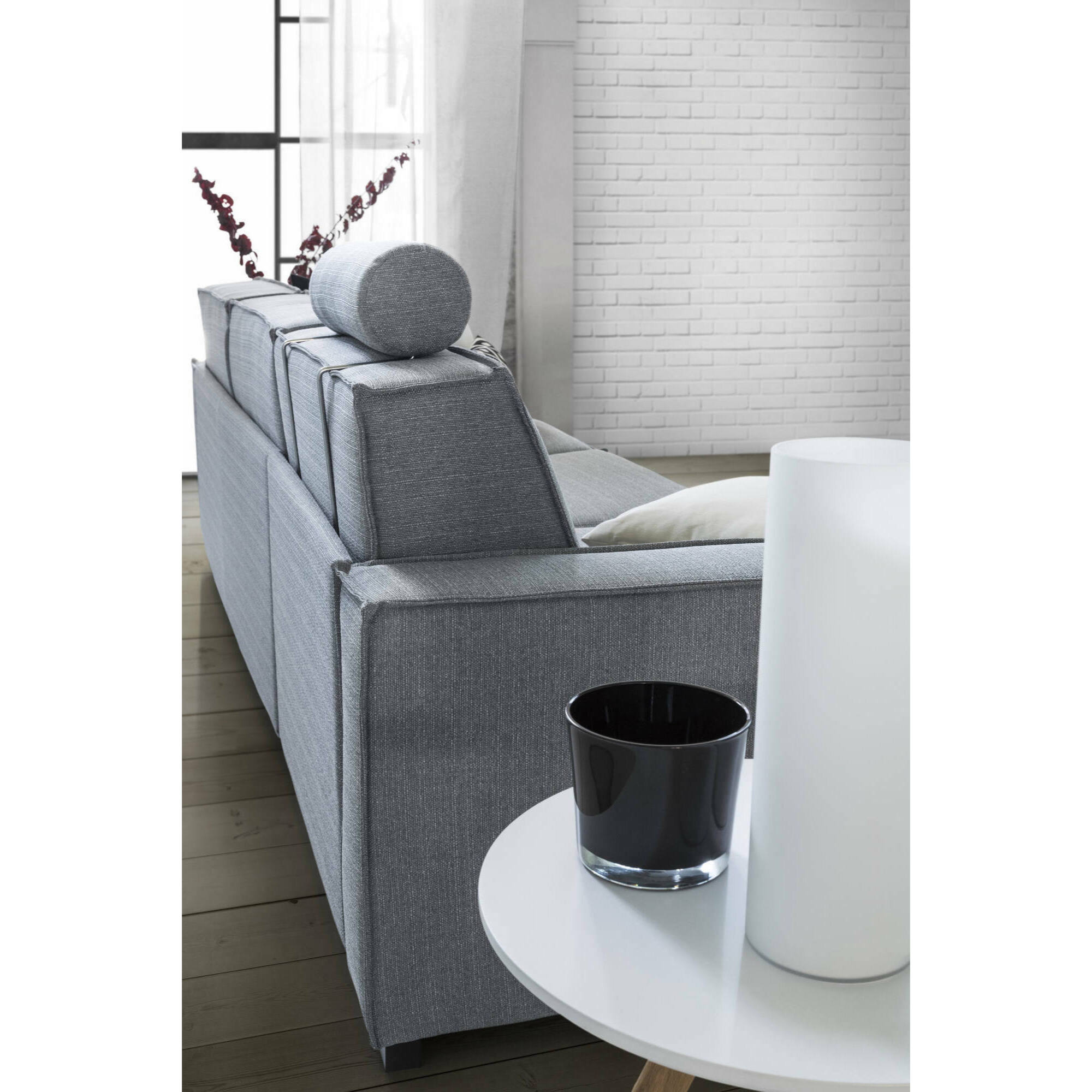 Divano letto con penisola Albenga, Sofà apertura girevole, Penisola contenitore Sinistra, Braccioli slim, 100% Made in Italy, Cm 260x95h90, Grigio