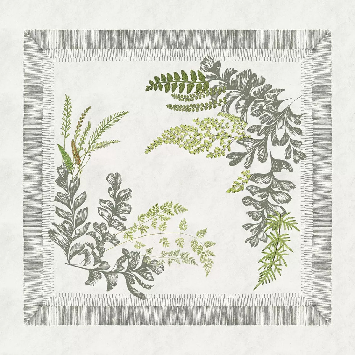 Serviette coton & lin 240 g/m² imprimé beige vert Bouquet de fougeres bouleau