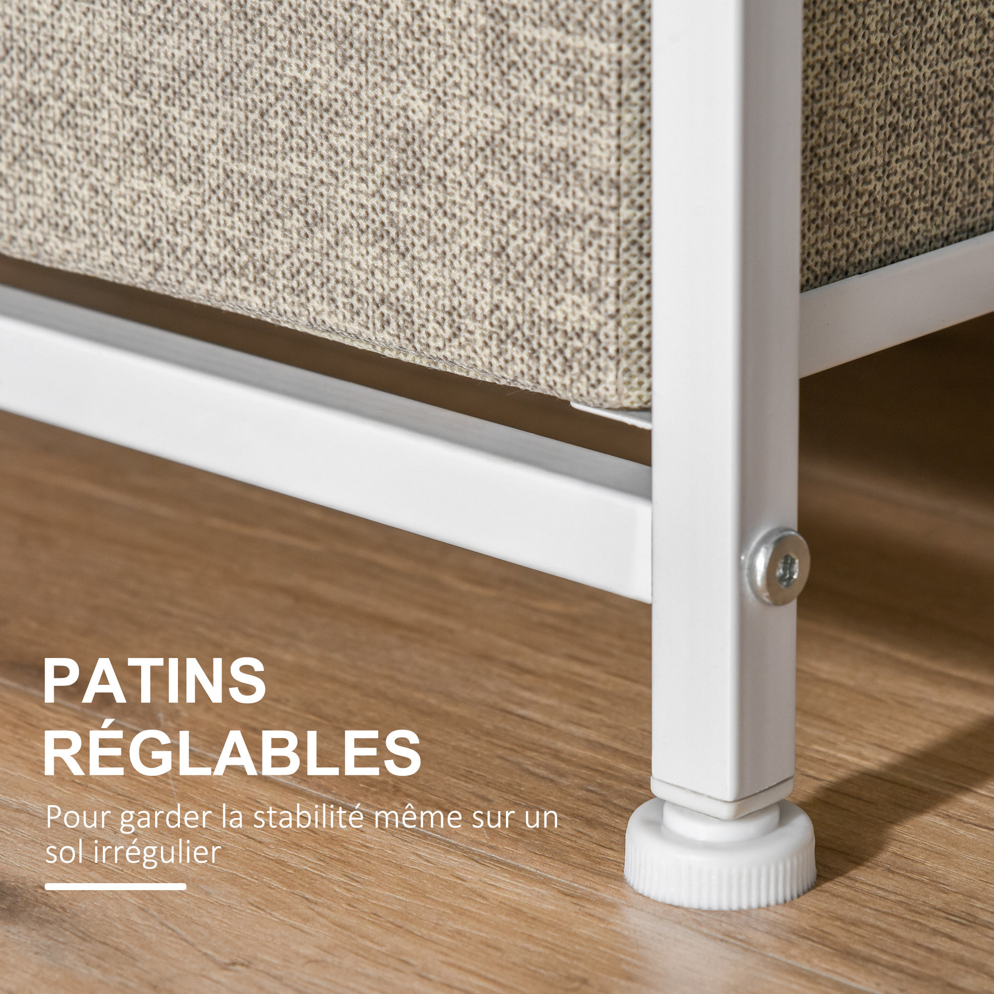 Rangement 3 tiroirs chiffonnier métal blanc effet bois clair non tissé gris clair