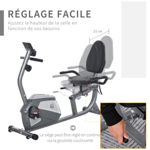 Vélo d'appartement semi-allongé magnétique écran LCD multifonction siège résistance réglable volant inertie 3 Kg gris