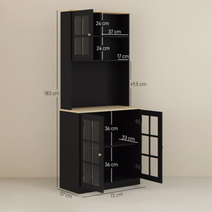 Alacena de Cocina, Mueble Auxiliar de Cocina, con 3 Puertas de Vidrio, Encimera Abierta para Microondas, Estantes Ajustables, Compartimentos Abiertos, 80x37x183 cm, Negro