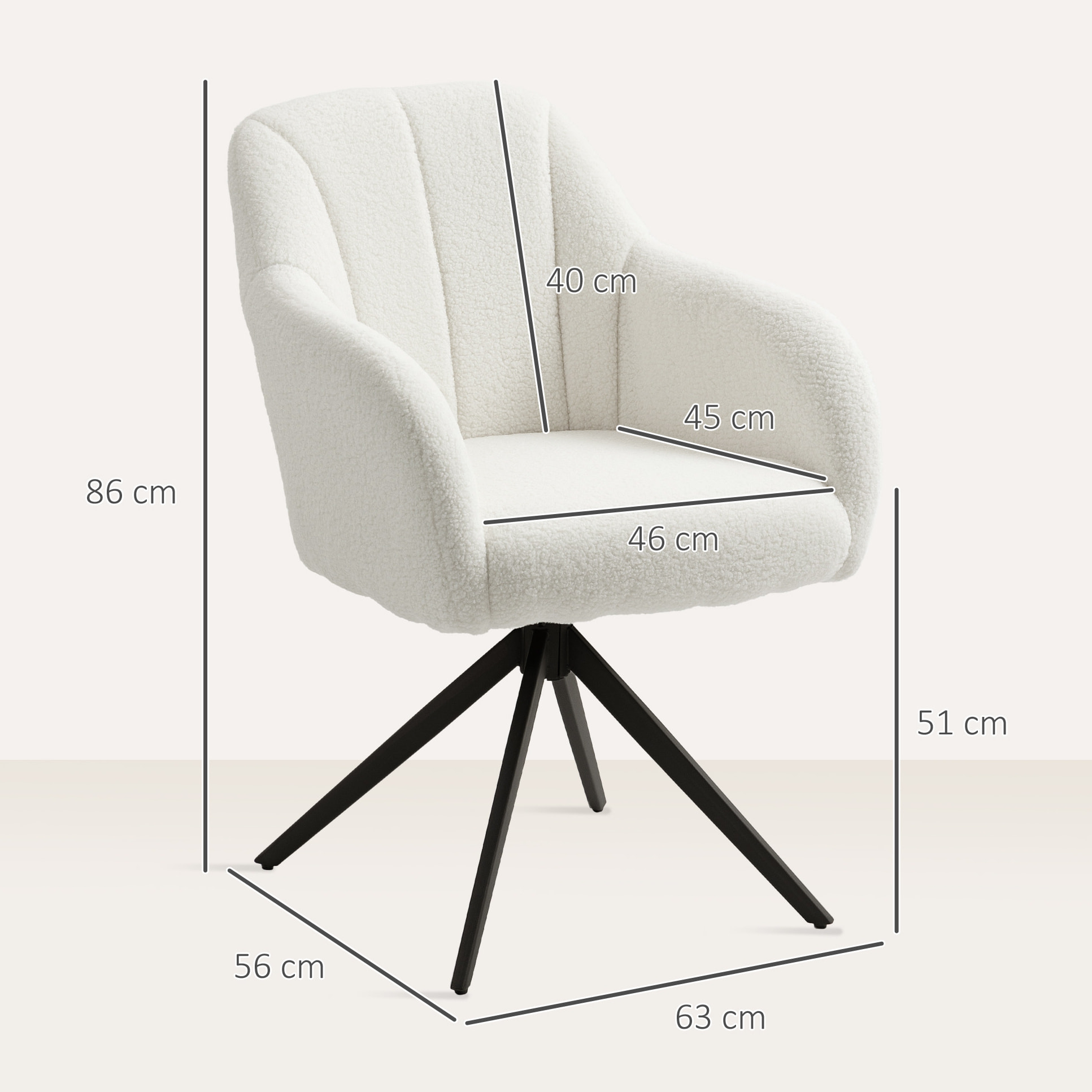 Fauteuil design piètement acier noir 4 branches effet laine bouclée blanc