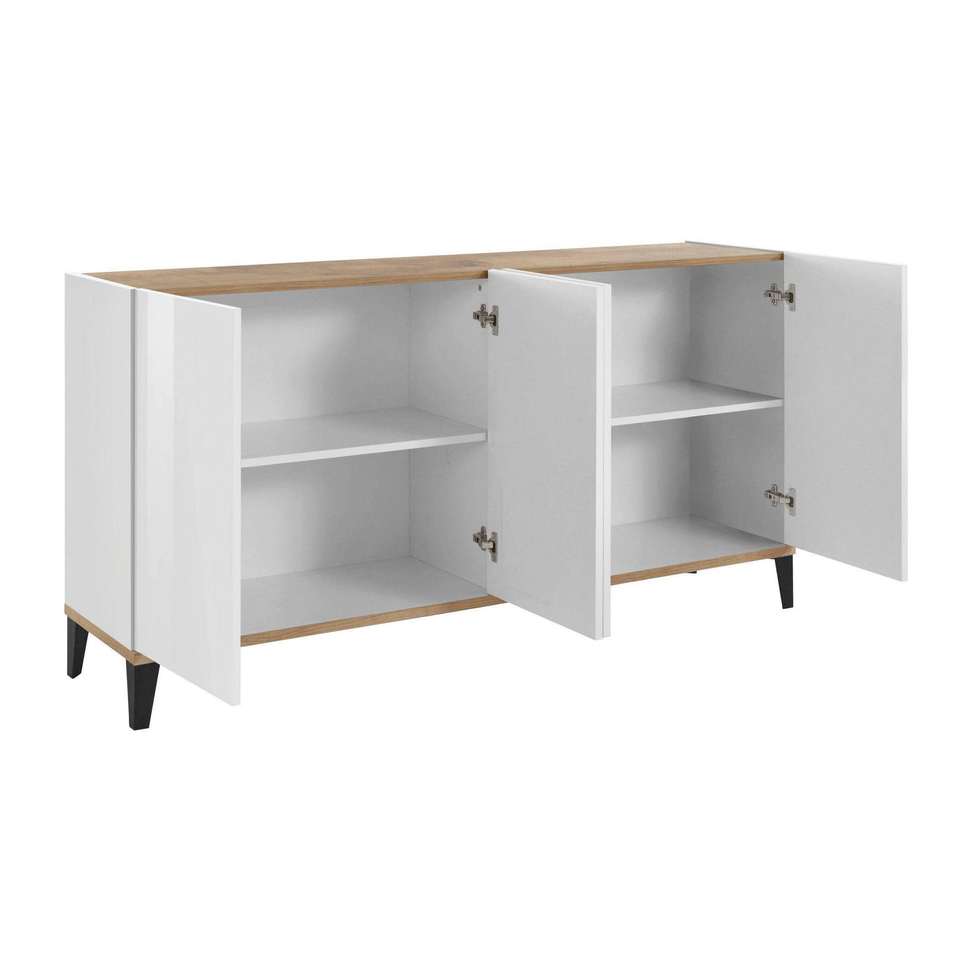 Credenza moderna a 4 ante, Made in Italy, Madia da cucina rialzata, Buffet di design da soggiorno, Cm 160x40h82, Bianco lucido e Acero