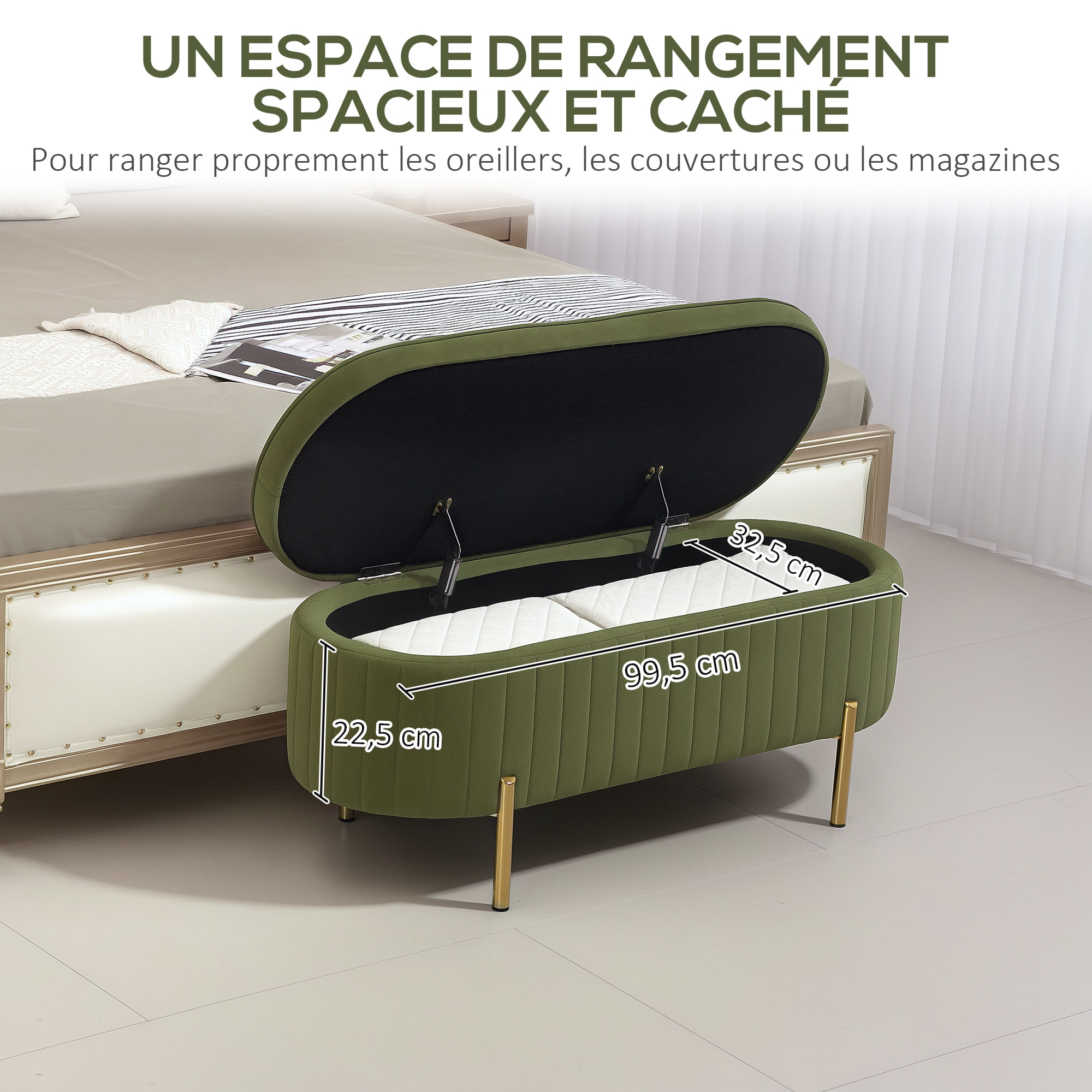Banquette coffre 2 en 1 design ovale dim. 108x44x43cm velours kaki