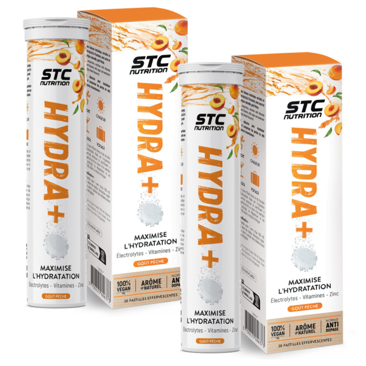 STC NUTRITION - Hydra+ - Préparation pour boisson isotonique à base d'Électrolytes, Vitamines, sucre et édulcorant naturels - Optimise l'hydratation - Pêche - Lot de 2
