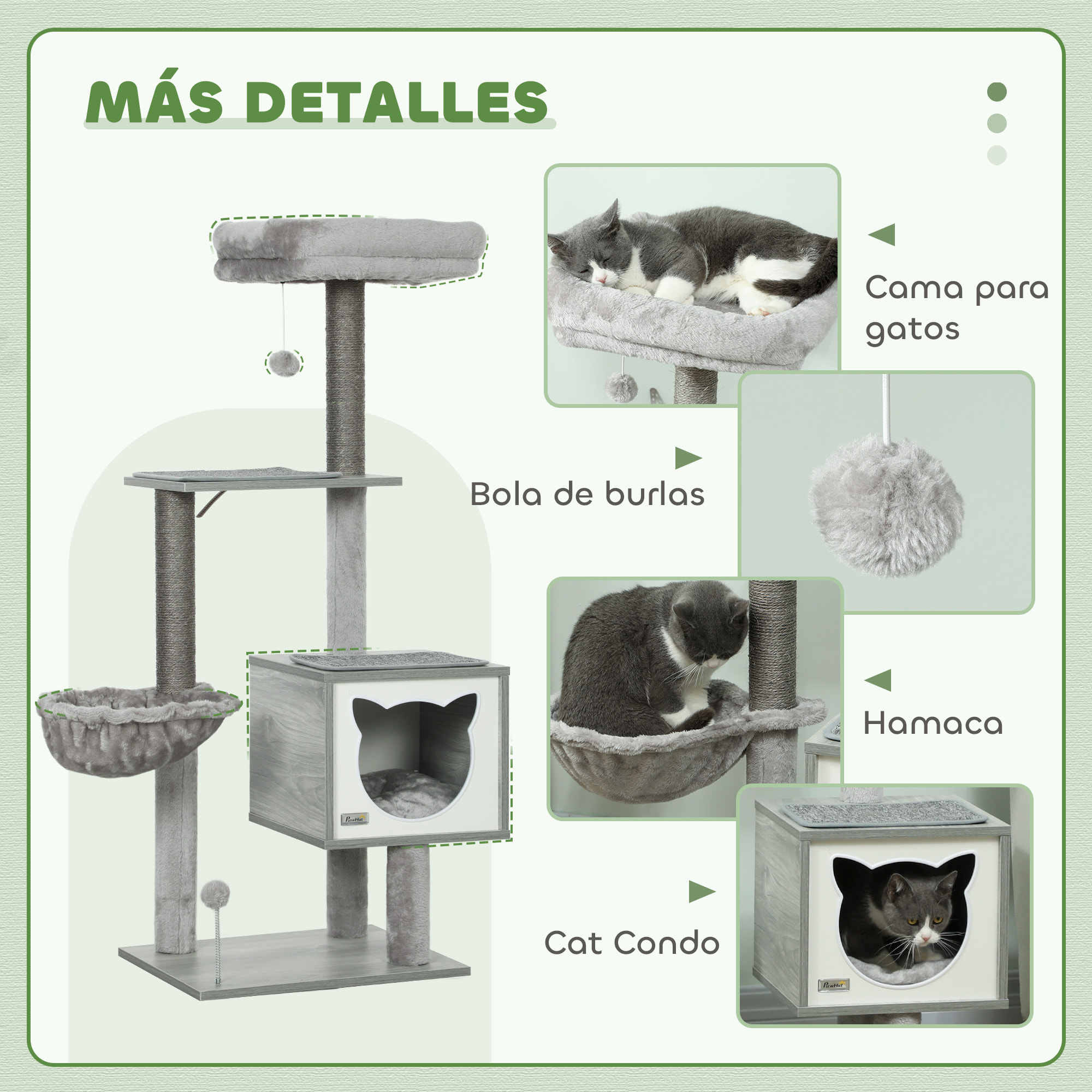 Árbol Rascador para Gatos, Árbol para Gatos 126 cm, Torre Escalador con Plataformas, Hamaca, Cueva, Cama, Postes de Sisal, Bolas y Cojines Lavables, Gris