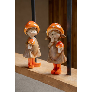 J-Line Garçon et fille champignon - polyrésine - beige/orange - small - assortiment de 2