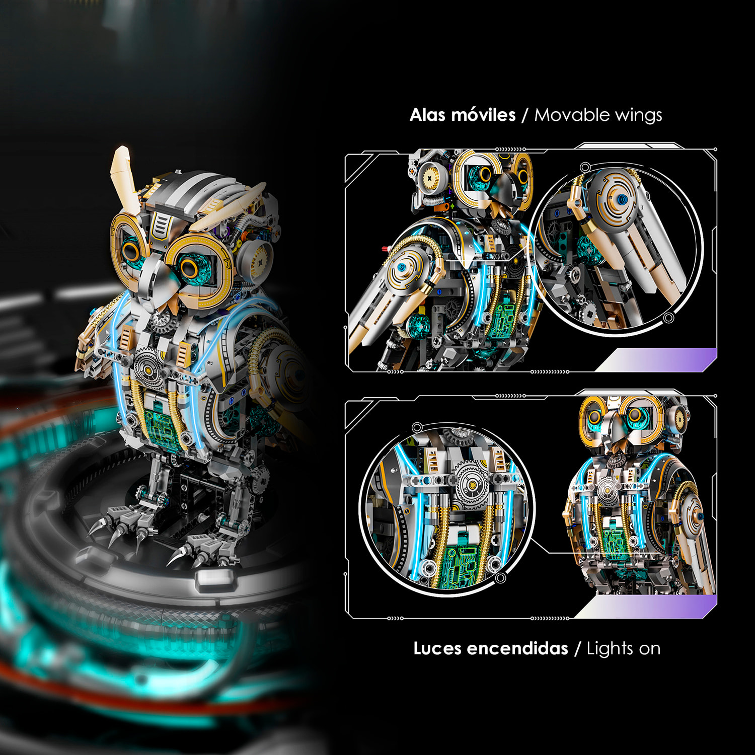 Maqueta 3D mecanizada de buho con 1296 piezas, equipada con luces y mecanismo de manivela que permite movimiento dinámico.