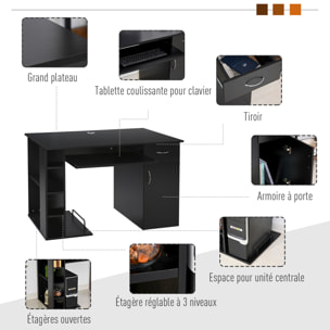 Bureau informatique multimédia multi-rangements avec étagère tiroir tablette clavier MDF 120 x 60 x 74 cm noir