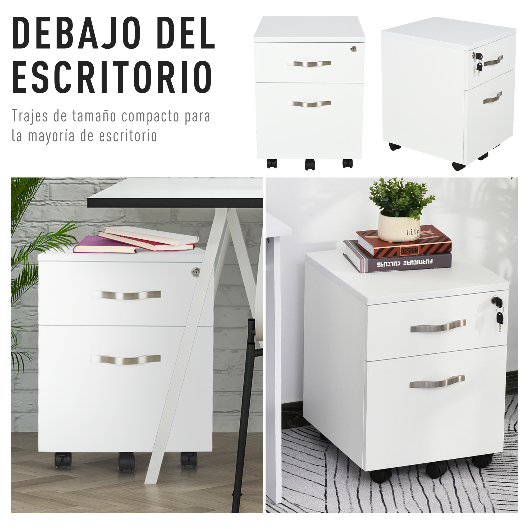 Gabinete de Archivos Móvil con 2 Cajones 40x45,5x52,5cm Blanco