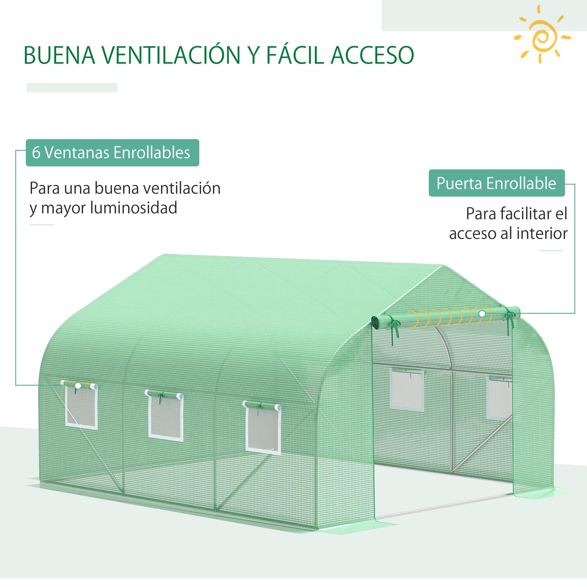 Cubierta de Invernadero de Túnel 3,5x3x2 m con 6 Ventanas y Puerta Jardín Verde