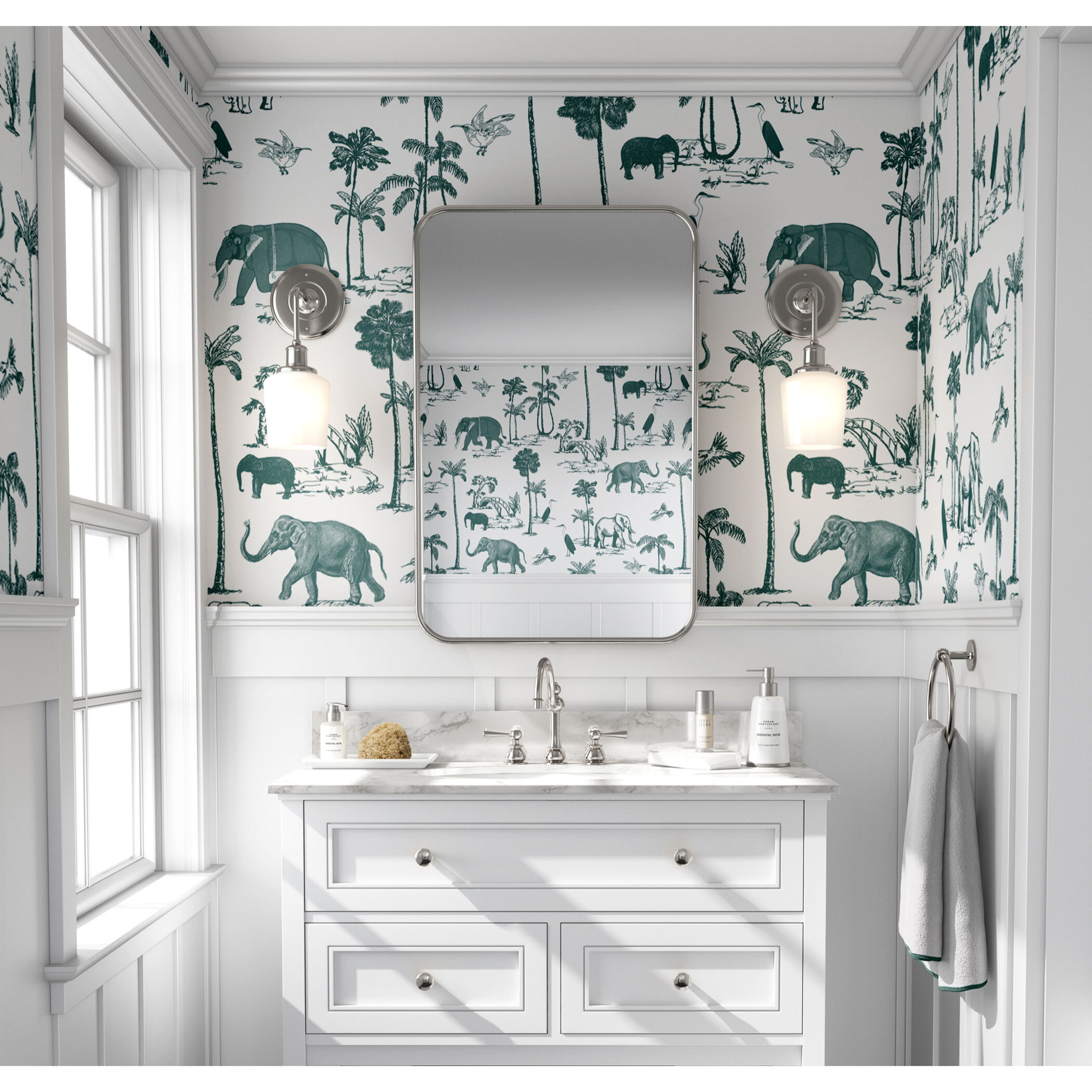 Papel pintado CERAMIKO, Elephant Toile Blanco y verde 135x300 cm