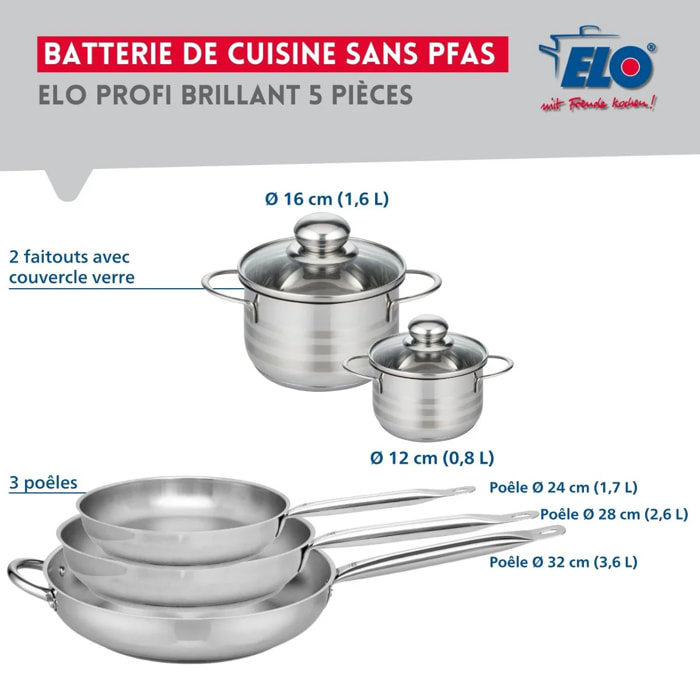 Ensemble de 3 Poêles de cuisson 24, 28 et 32 cm et 2 faitouts 12 et 16 cm Elo Profi Brillant