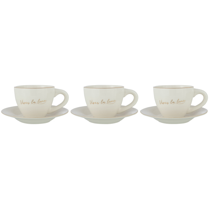 J-Line tasse + sous-tasse 'Viser La Lune' - porcelaine - blanc/or - 3 pièces