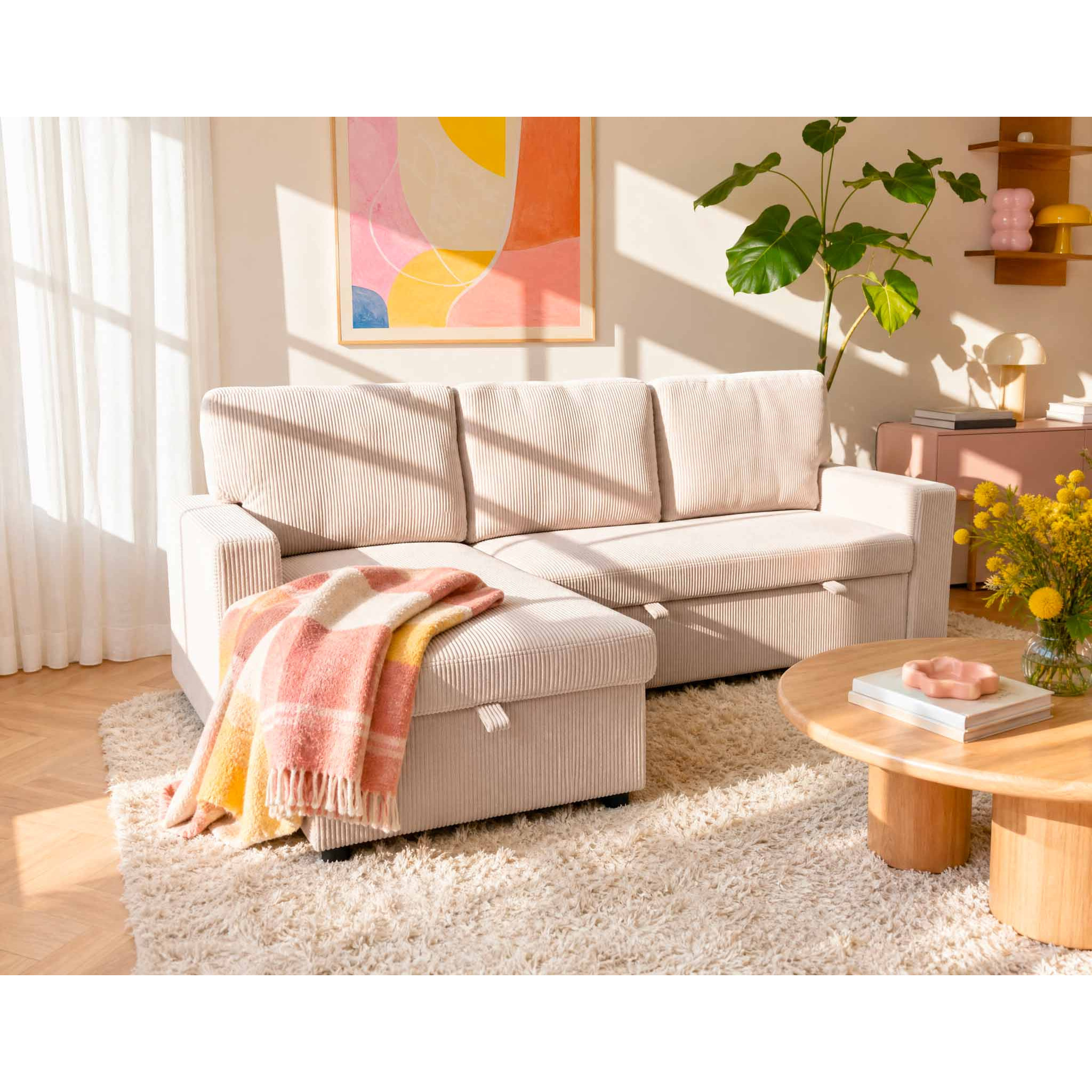 Meiya - Canapé d'angle réversible 4 places convertible avec coffre en velours côtelé - Beige