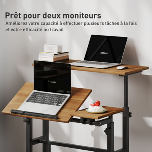 Bureau assis debout inclinable réglable H.70,5-120 cm mobile 3 plateaux métal noir effet bois