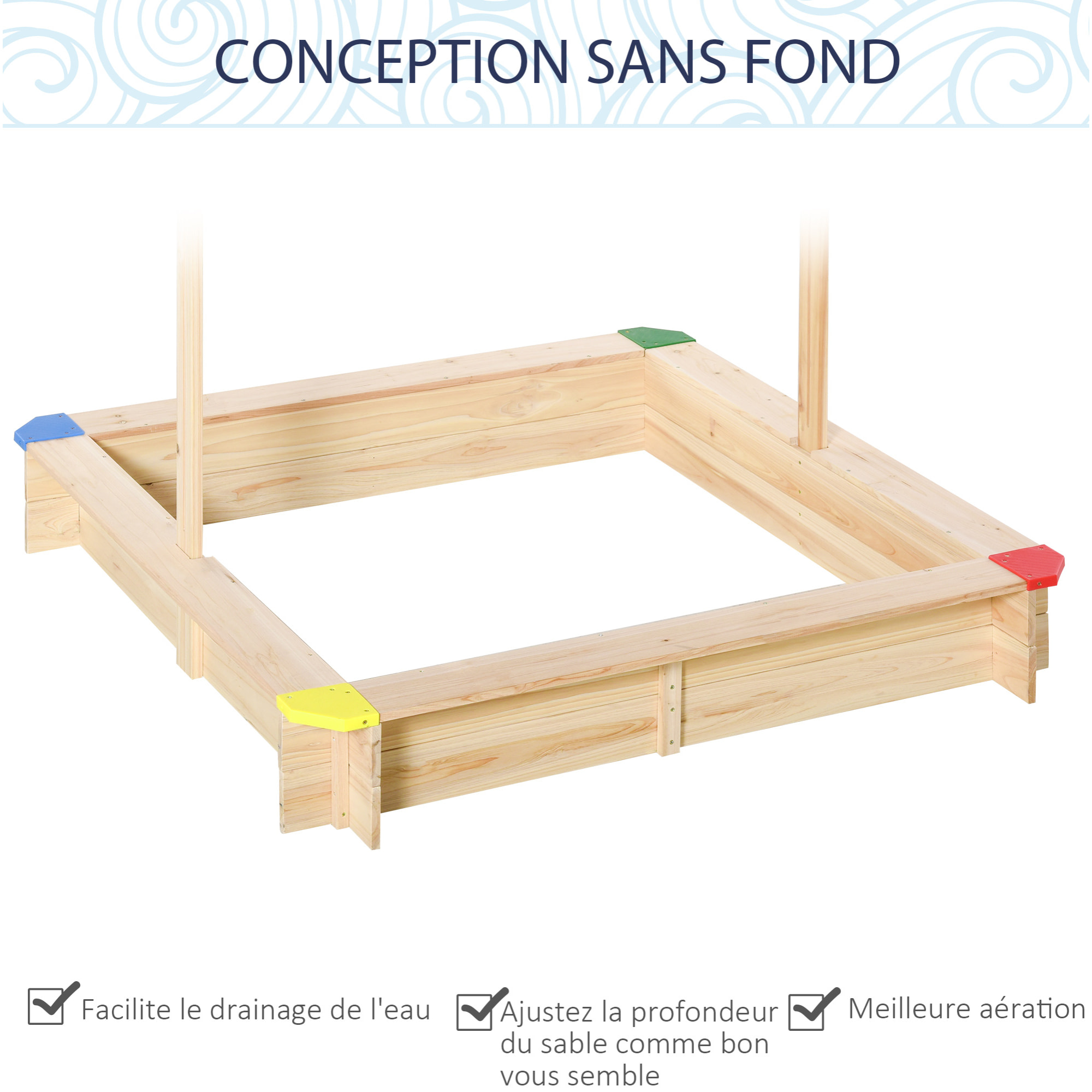 Bac à sable bois carré dim. 1,2L x 1,2l x 1,2H m - hauteur et inclinaison toit réglables - bois naturel de pin