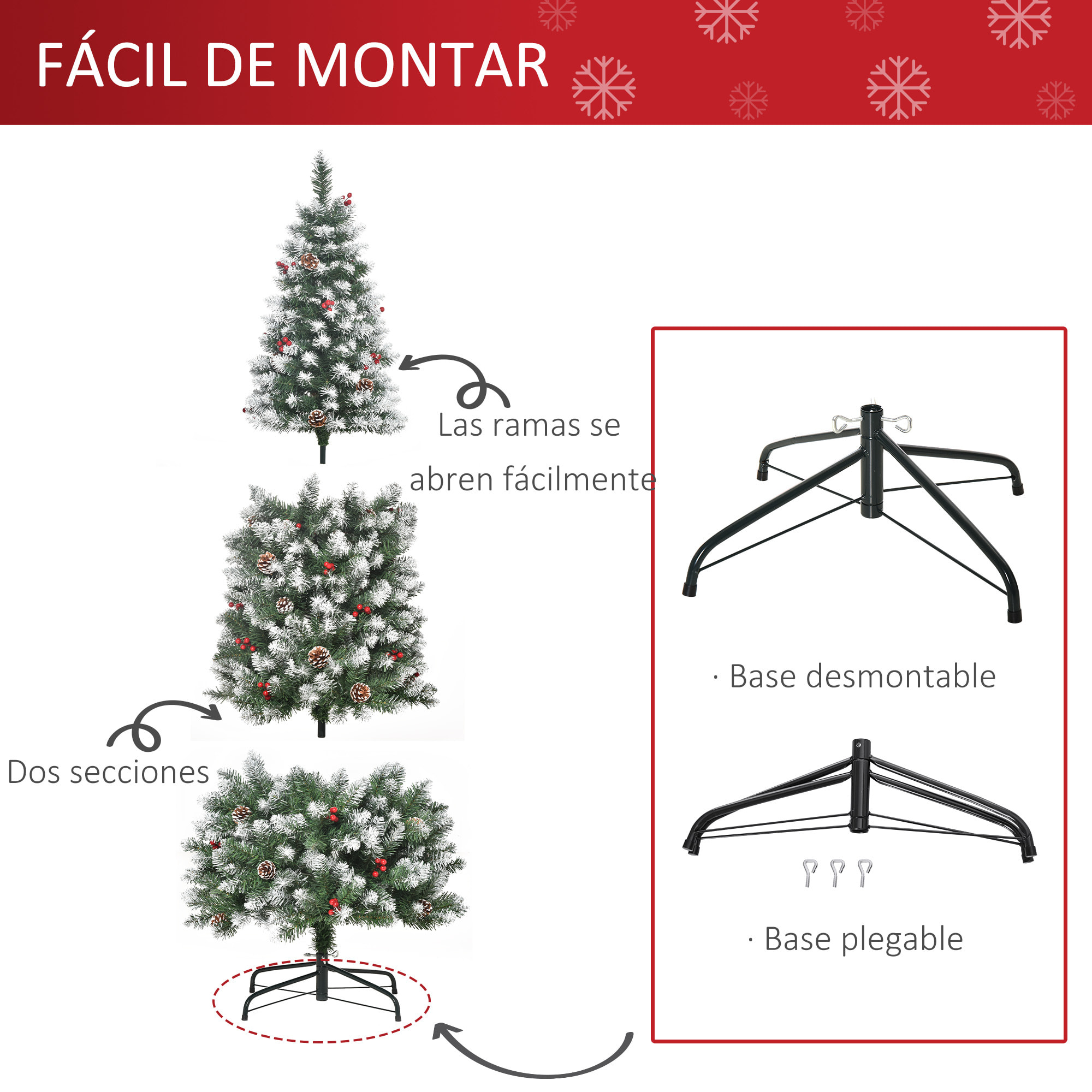 árbol de Navidad Artificial 180cm Ignífugo con 618 Ramas 30 Bayas 34 Piñas Verde
