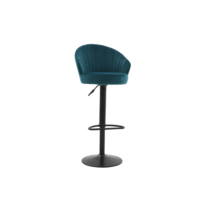 Tabouret de bar design réglable et pivotant en tissu velours gaufré bleu canard IZAAC