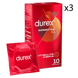 3x Preservativi Durex Supersottile XL Extra Large con Forma Easy On - 3 Confezioni da 10 Profilattici