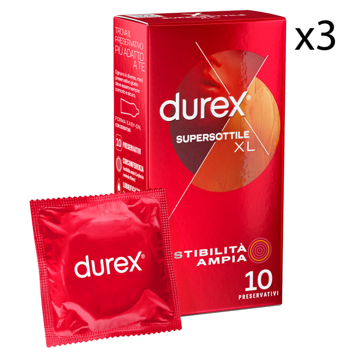 3x Preservativi Durex Supersottile XL Extra Large con Forma Easy On - 3 Confezioni da 10 Profilattici