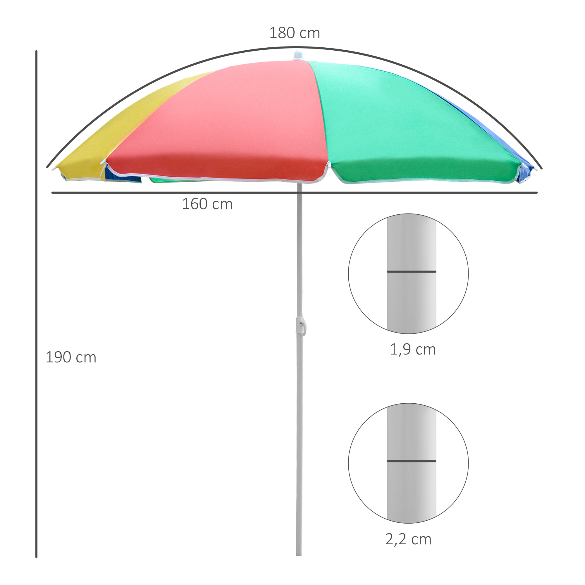 Parasol inclinable rond Ø 160 cm mât démontable métal polyester haute densité multicolore