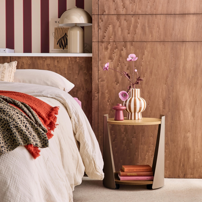 Table d'appoint, table de chevet métal courbé et décor bois avec roulettes MOLTO