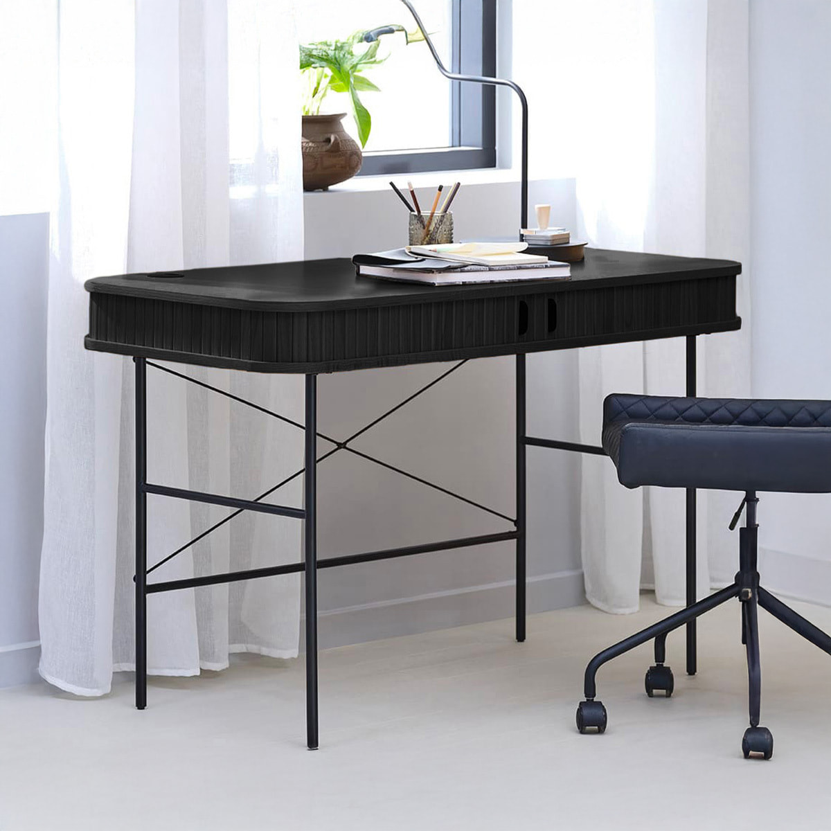 Bureau Bois Noir Alba, L.120 x P.60 x H.75 cm, Style Minimaliste