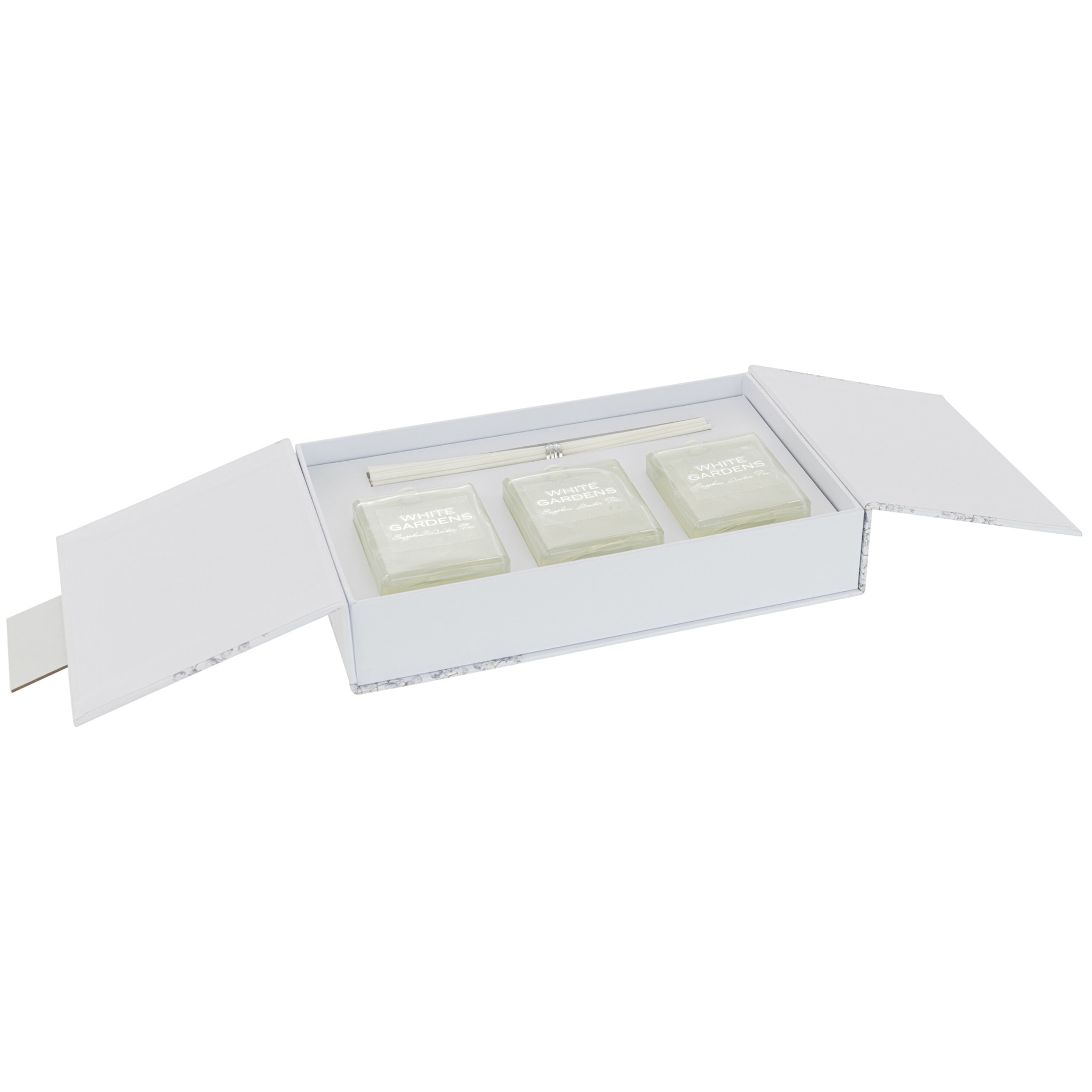 J-Line huile parfumée + bâtons White Gardens - Sapphire Amber Tea - verre - blanc - boîte de 3