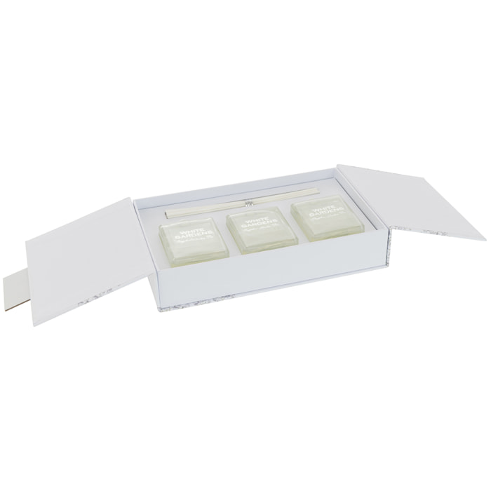 J-Line huile parfumée + bâtons White Gardens - Sapphire Amber Tea - verre - blanc - boîte de 3
