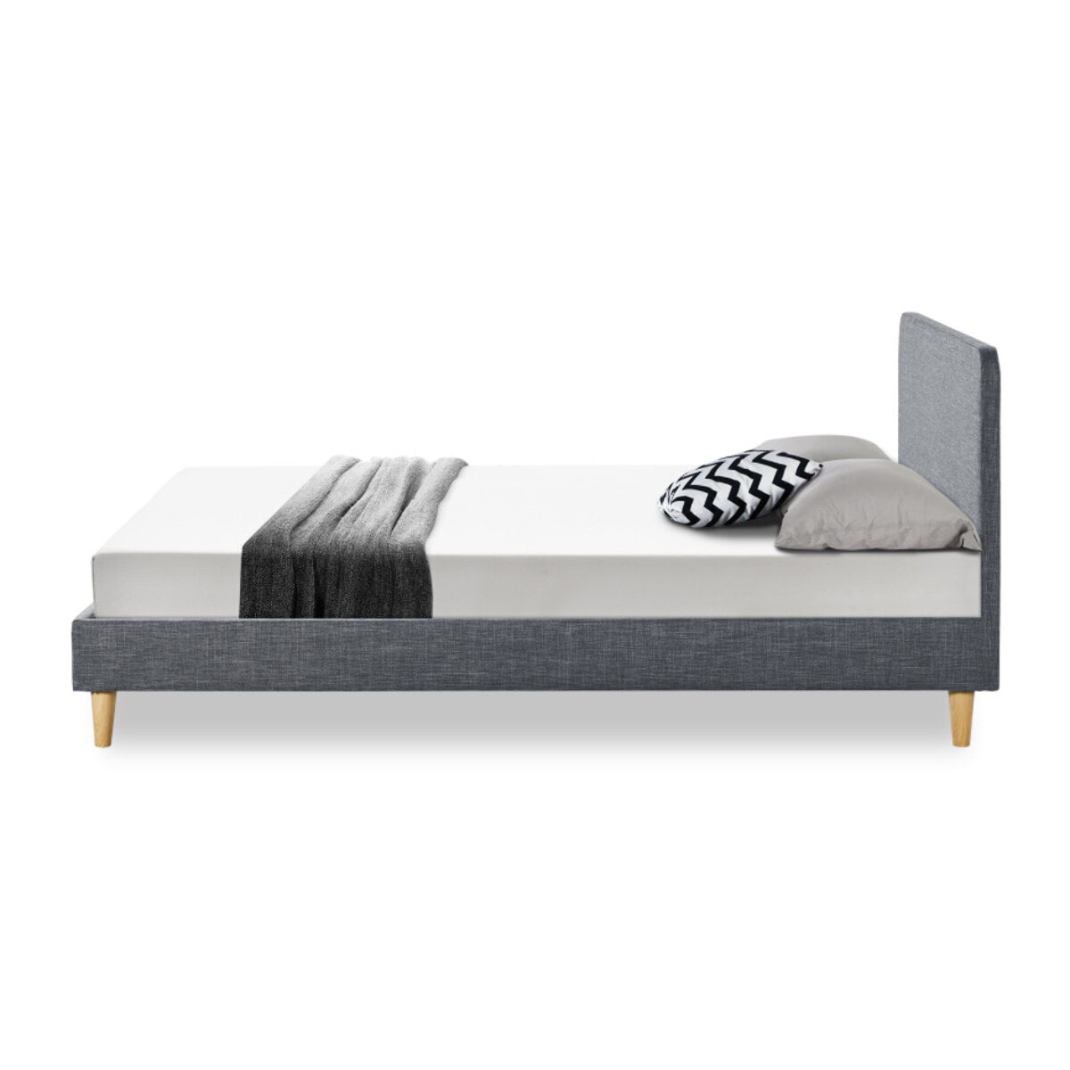 Lit Evy 160x200cm tissu gris pieds bois