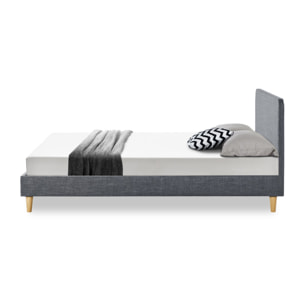 Lit Evy 160x200cm tissu gris pieds bois