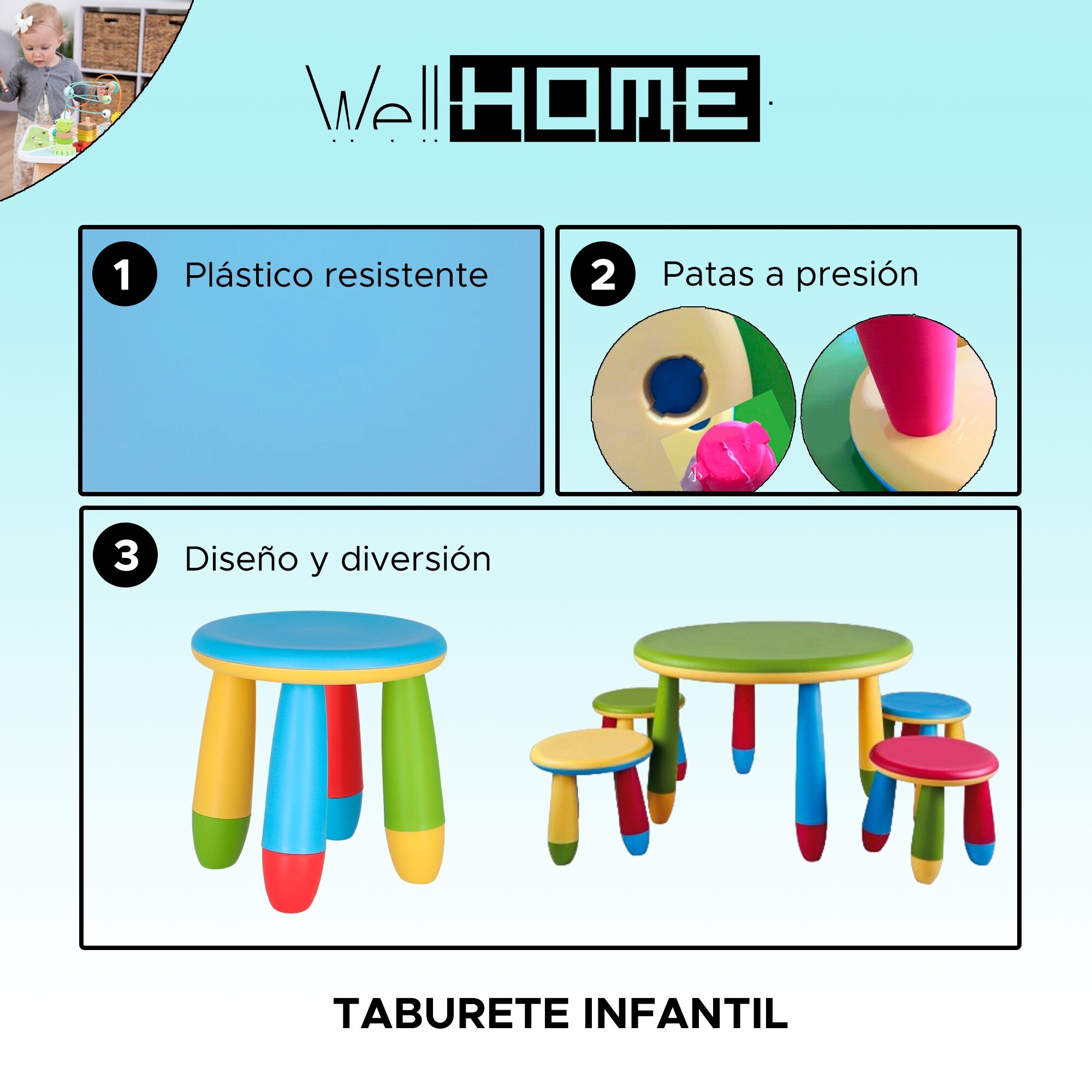 Taburete infantil azul en plástico fuerte y resistente, diá:30 cm x h:26 cm