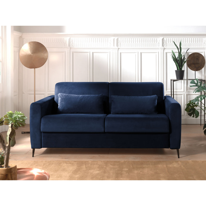 Owen - canapé lit 3 places convertible express couchage quotidien 140 cm matelas 12 cm en velours - Bleu nuit