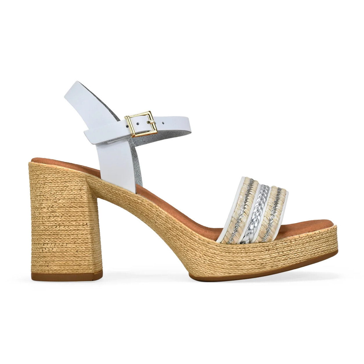 Sandalias blancas en piel con tacón efecto esparto