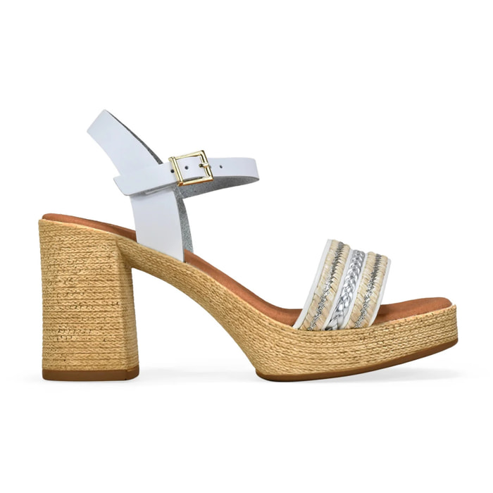 Sandalias blancas en piel con tacón efecto esparto
