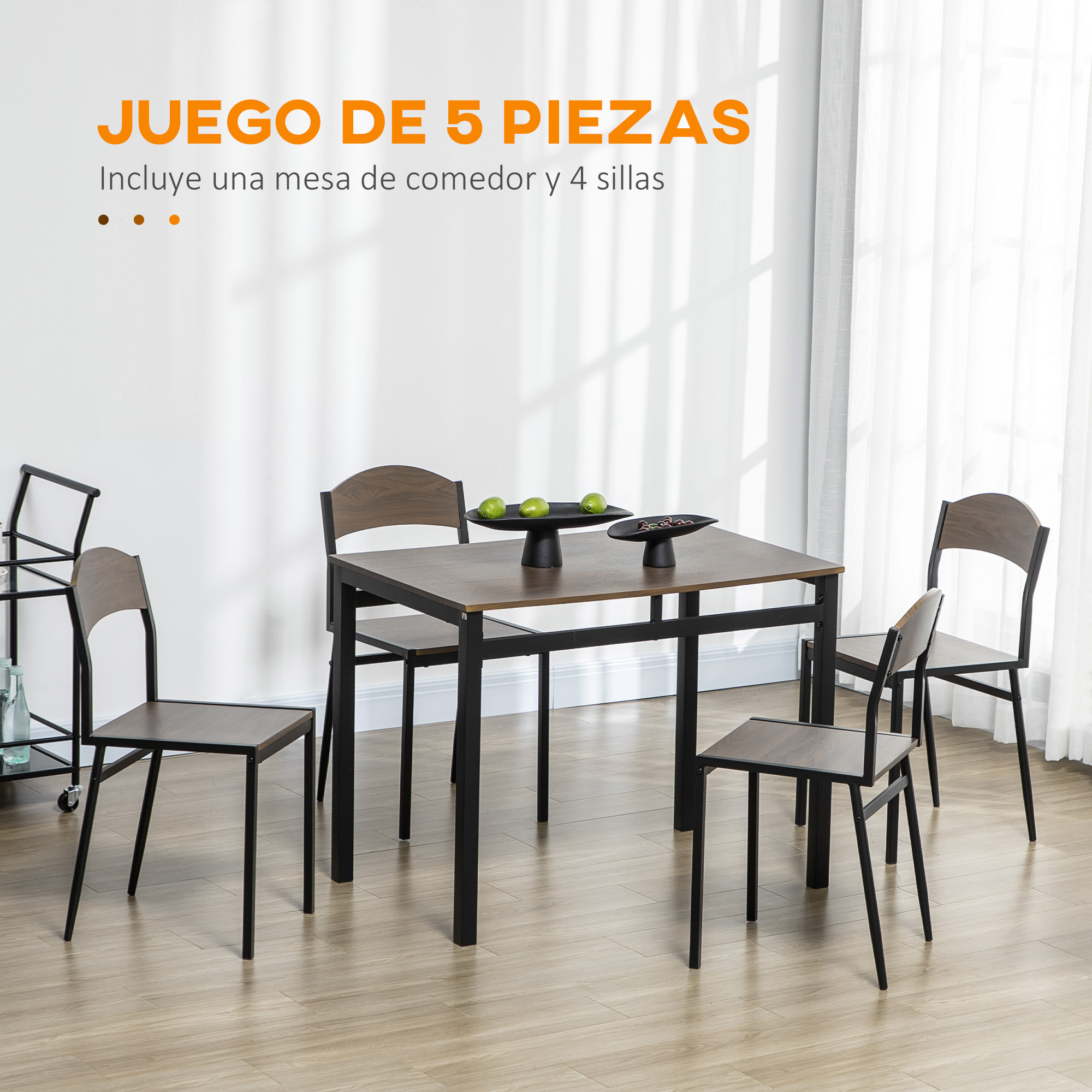 Juego de Mesa y Sillas de Comedor, Mesa de Cocina Rectangular con 4 Sillas, Estilo Moderno, Marco Metálico, para Espacios Pequeños, Salón, Marrón Oscuro y Negro