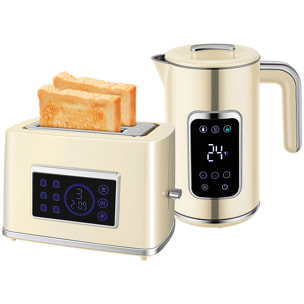 Set Desayuno con Pantalla LED Táctil, Hervidor de Agua 1,7L 2200W, Función Mantener Caliente, Tostadora Pan Ranura Ancha 2 Rebanadas, 6 Niveles Tostado, Crema