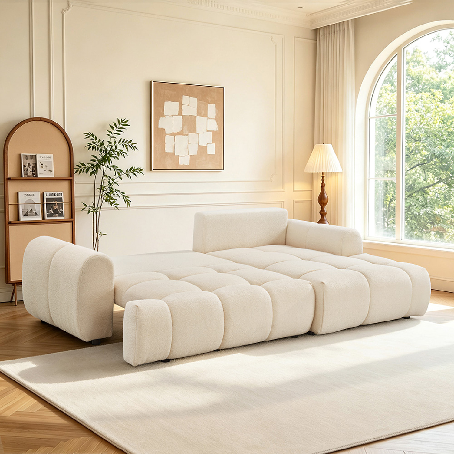 Canapé nuage convertible 4 places en tissu bouclette beige MINDEN